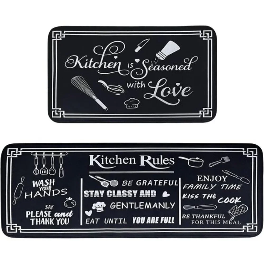 New Black and White Kitchen Rugs, Set of 2 Non-Skid Washable Cushioned Mats
